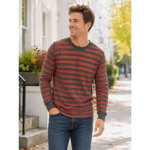Old Navy Men’s Cotton Long Sleeve Stripe Waffle TShirt Orange Gray M